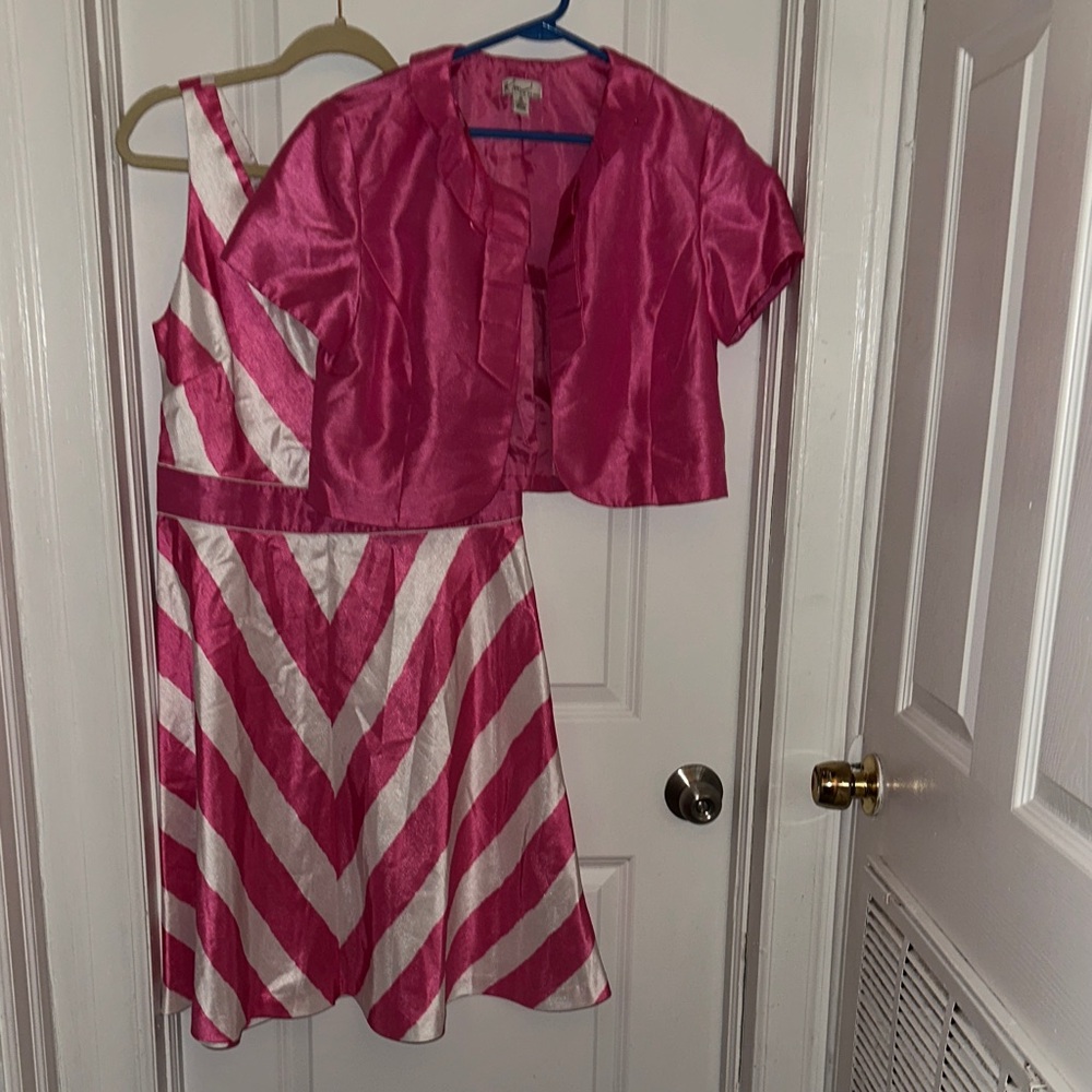 Kim Rogers Bright Pink Satin Dress with Cropped Bolero jacket